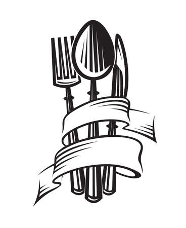 monochrome illustrations of spoon, fork and knifeのイラスト素材