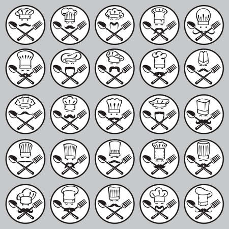 black illustration of spoon, fork and chef collectionのイラスト素材