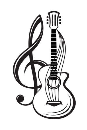 monochrome illustration of treble clef and guitarのイラスト素材
