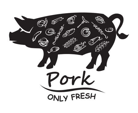 monochrome illustration with meat products on the background of the pigのイラスト素材