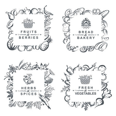 monochrome set of frames with fruits, vegetables, bakery and spicesのイラスト素材