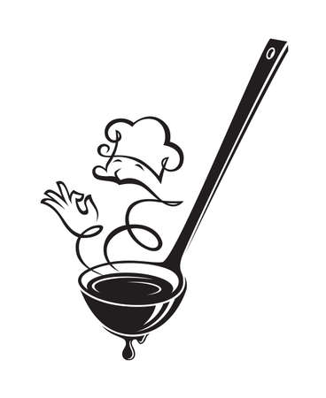 monochrome illustrations of soup ladle and steamのイラスト素材
