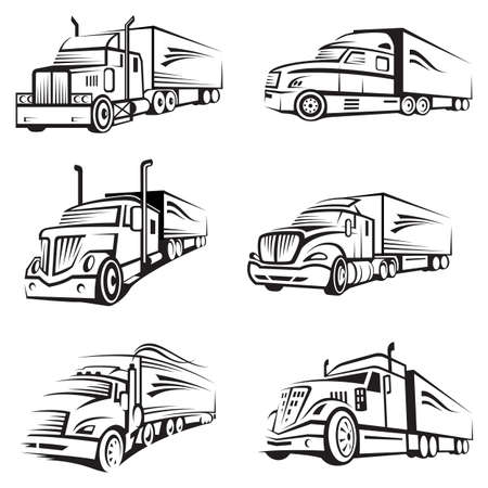 monochrome collection of a trucks with trailerのイラスト素材