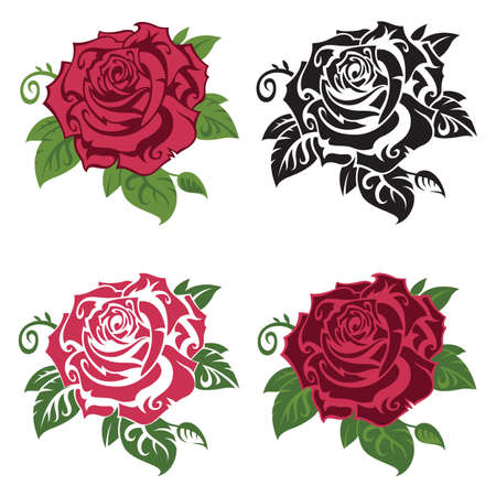 collection of  multicolored roses with leavesのイラスト素材