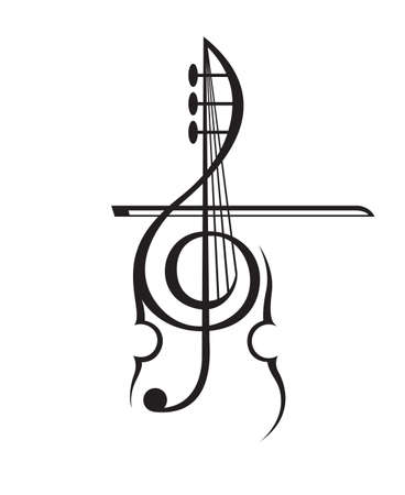 monochrome illustration of violin and treble clefのイラスト素材