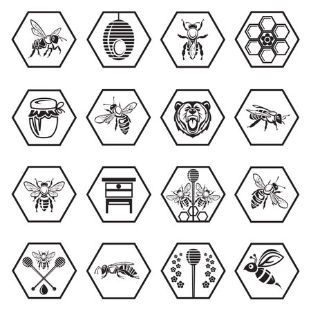 monochrome set of icons with bees and honeyのイラスト素材
