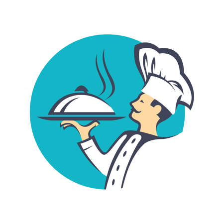 chef icon with tray of food in handのイラスト素材
