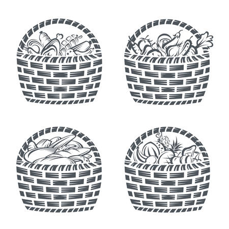monochrome collection of baskets with sausages, fruit, vegetables and bakeryのイラスト素材
