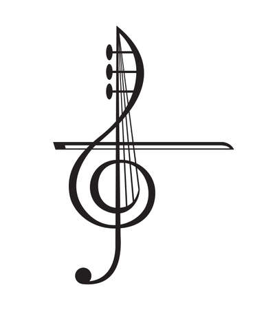 monochrome illustration of violin and treble clefのイラスト素材