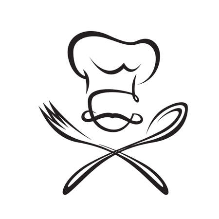 black illustration of spoon, fork and chefのイラスト素材