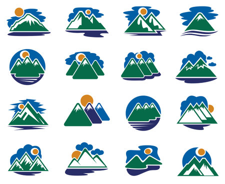 set of sixteen mountain iconsのイラスト素材