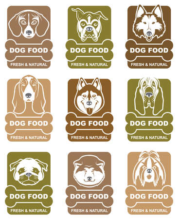 collection of various food labels with dogs headsのイラスト素材