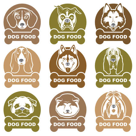 collection of various food labels with dogs headsのイラスト素材