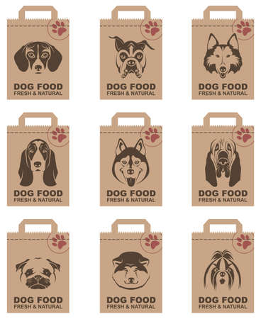 collection of various food packages with dogs headsのイラスト素材