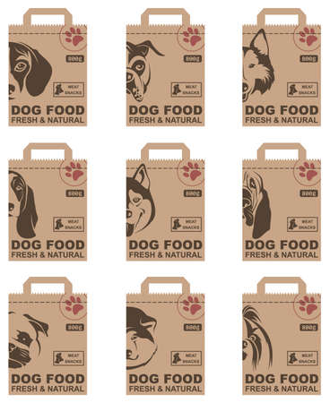 collection of various food packages with dogs headsのイラスト素材