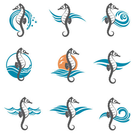 images collection of sea horse and ocean wavesのイラスト素材