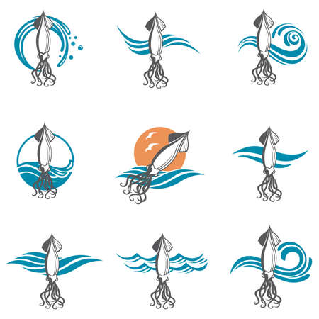 images collection of squid and sea wavesのイラスト素材