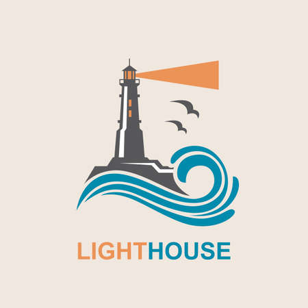 lighthouse icon design with ocean waves and seagullsのイラスト素材