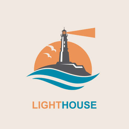 lighthouse icon design with ocean waves and seagullsのイラスト素材
