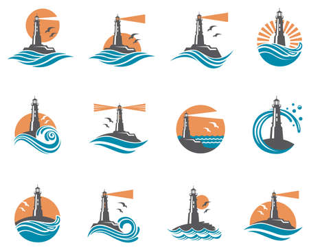 lighthouse icon set with ocean waves and seagullsのイラスト素材