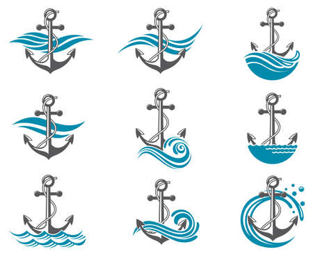 collection of anchor symbol with sea wavesのイラスト素材