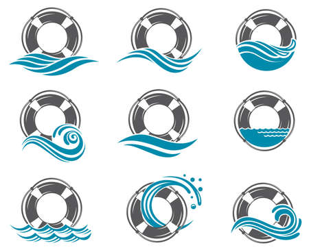 collection of lifebuoy symbol with sea wavesのイラスト素材