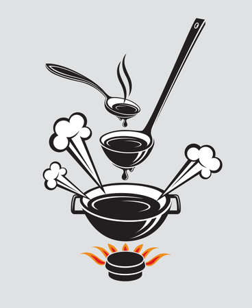 Monochrome set of illustrations with spoon, soup ladle and dish.のイラスト素材
