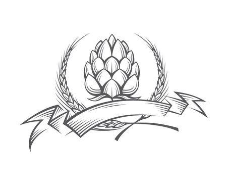 Black illustration of hop and barley ear for brewing.のイラスト素材