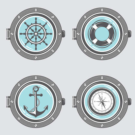 nautical collection of portholes with anchor, ship helm, lifebuoy and compassのイラスト素材