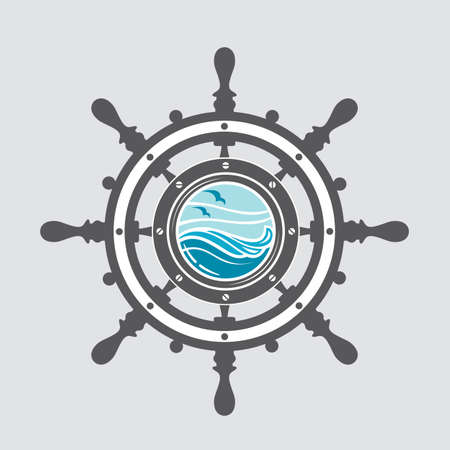image of ship helm and porthole with sea wavesのイラスト素材