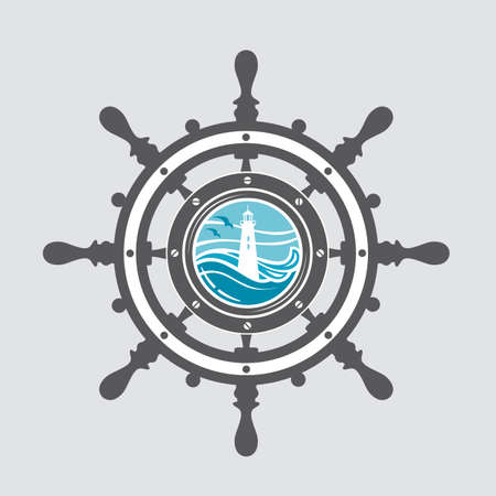 image of ship helm and porthole with sea wavesのイラスト素材