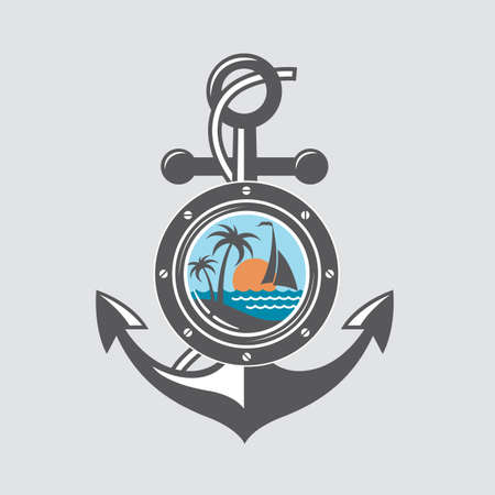 image of ship anchor and porthole with sea wavesのイラスト素材