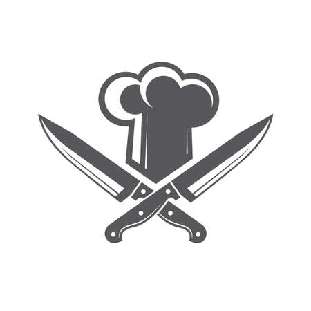 Monochrome illustrations of crossed knives and chef hatのイラスト素材
