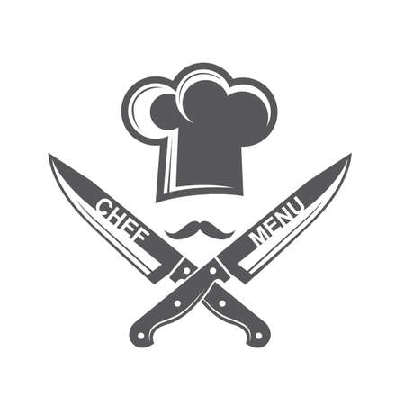 monochrome illustrations of crossed knives and chef hat with mustacheのイラスト素材