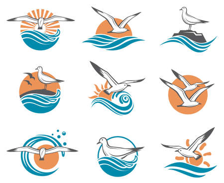 Collection of seagull icons with sea wavesのイラスト素材