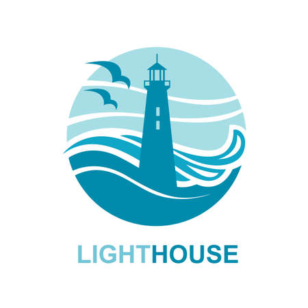 lighthouse icon design with ocean waves and seagullsのイラスト素材