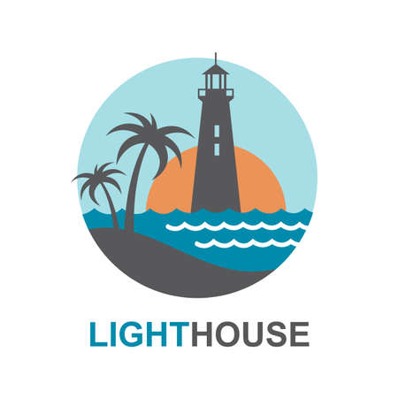 lighthouse icon design with ocean waves and seagullsのイラスト素材