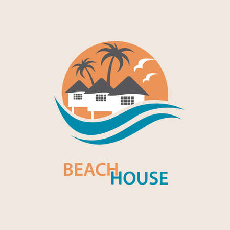seaside beach logo with houses and palmsのイラスト素材