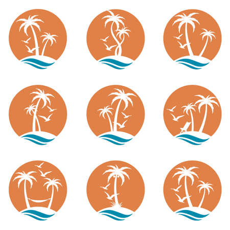 Set of icons with palm trees silhouette on islandのイラスト素材