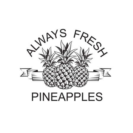 black emblem of pineapple tropical fruit with ribbonのイラスト素材