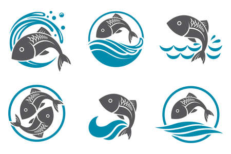 Collection of fish icon with wavesのイラスト素材