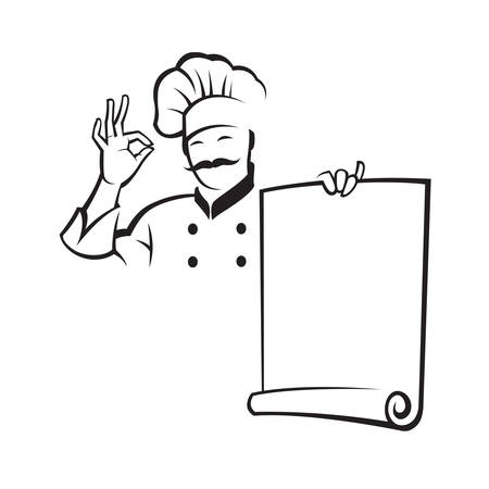 monochrome illustration of whiskered chef with menu paperのイラスト素材