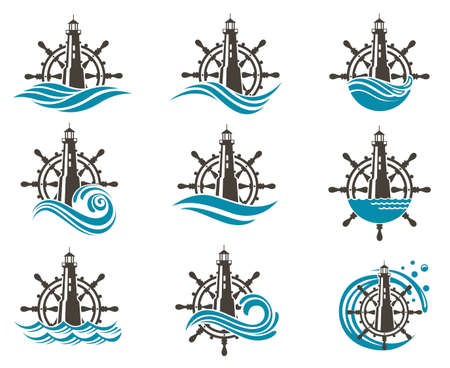icons collection of yacht helm wheel and lighthouse with sea wavesのイラスト素材