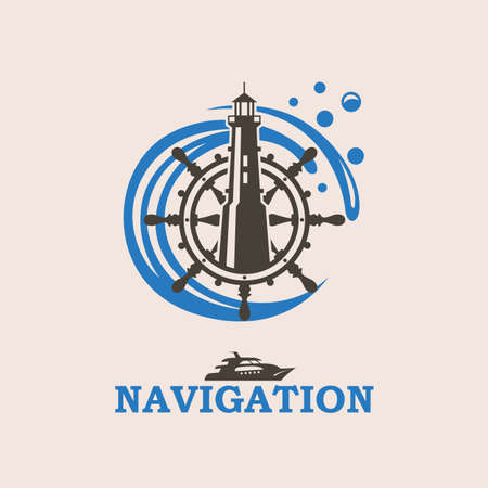 Icon of yacht helm wheel and lighthouseのイラスト素材