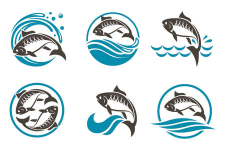 Collection of fish icon with wavesのイラスト素材