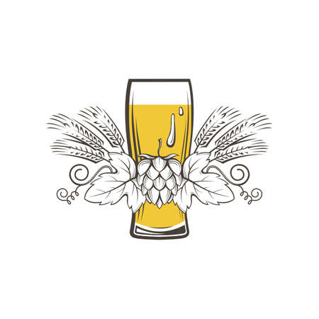 illustration of beer glass, hops and barley earsのイラスト素材