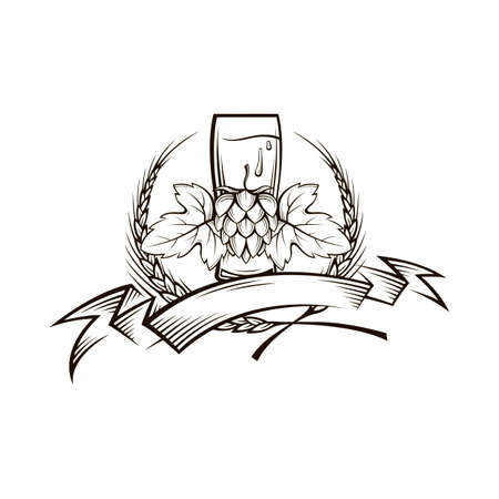 Illustration of beer glass, hops and barley earsのイラスト素材