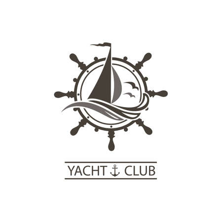icon of sailing yacht, helm and ocean waves with seagullsのイラスト素材