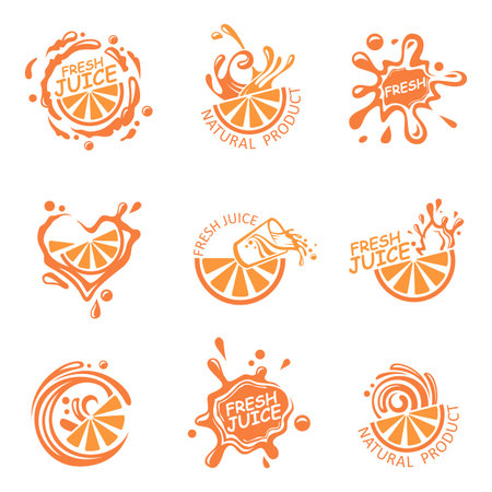collection of colorful orange fresh juice emblemsのイラスト素材