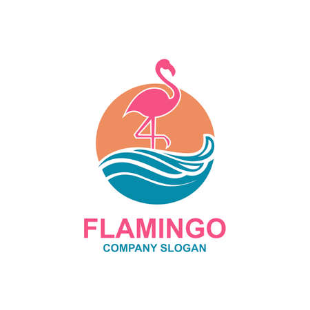 Pink flamingo emblem with sun and wavesのイラスト素材